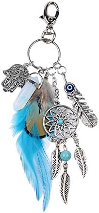 Sunrisee Dream Catcher Keychain Fashion Silve Boho Ornament Feather Key Ring, Blue, Large