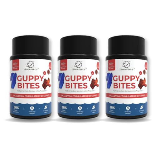 Image of Zewa Guppy Bites 45 g(Pack of 3) | High Protein Fish Food for Guppy & Small Fish | Micro Pellets 0.3-0.6 mm | 88% Digestibility | Rapid Growth & Vibrant Color