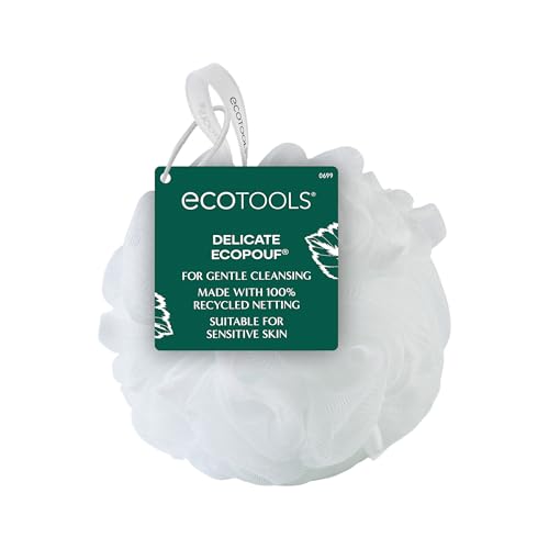 EcoTools Delicate EcoPouf Body Loofah Gentle Exfoliating Shower Sponge for Sensitive Skin 100% Recycled Netting Bath Pouf 1 Count