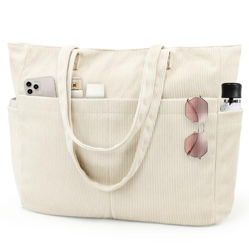 beifon Cord Strandtasche xxl Familie 25L mit Reißverschluss, Groß Tote Bag Damen, Shopper Tasche Badetasche, Laptoptasche mit 17 Zoll Laptopfach, Reisetasche Handtasche Umhängetasche Arbeitstasche