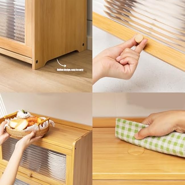 2 Tier Bamboo Kitchen Pantry Storage Cabinet Countertop Pantry with 2 Sliding Striped Clear Door Stoppers, Small Pantry Sideboard Organizer Shelf for Condiments Plates Bowls