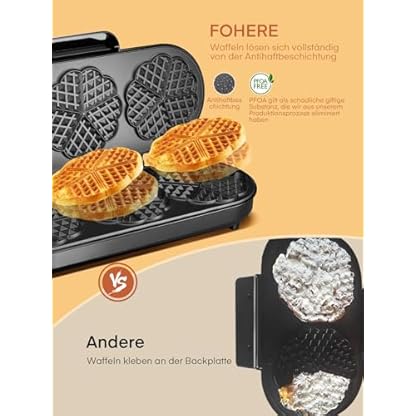 FOHERE King Size Waffeleisen, 15 Herzwaffeln in 2 Minuten, 7 Bräunungsstufen, Überlaufrille, Extra Tiefe Heizplatten, 1200W, Edelstahl, ideal für Familie & Party (silbrig) – Bild 7