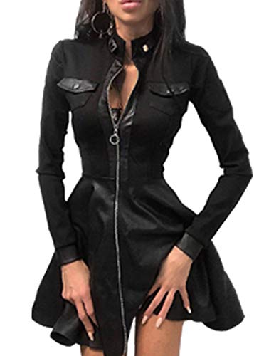 Mujeres Disfraces Vestidos Largo Manga Cuero Bolsillo Cremallera Arriba Fiesta Mini Vestido Negro L Cover