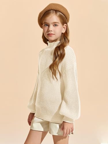 Image of rrhss Girls Mock Neck Loose Knit Sweaters Kids Long Sleeve Slouchy Warm Cute Fashion Pullover Tops 5-14 Years