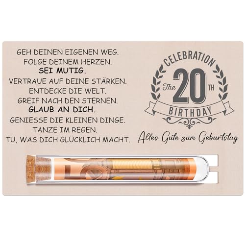 Otuuz Geldgeschenke 20. Geburtstag Geschenk für Mädchen Jungen Geschenkset Enthält Holzkarte zum 20. Geburtstag und Reagenzglas Geburtstag Geld Gutschein Verpackung Geschenkverpackung