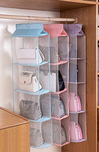 Aarainbow 2 Packs Hanging Clear Handbag Purse Organizer For Closet,Handbag Organizer With Hook,4 Easy Access Pockets,Wardrobe Closet Space Saving Organizers ,Washable,47.2 H X 15.7Lx 6.3W (Gray+Pink) #TOP3