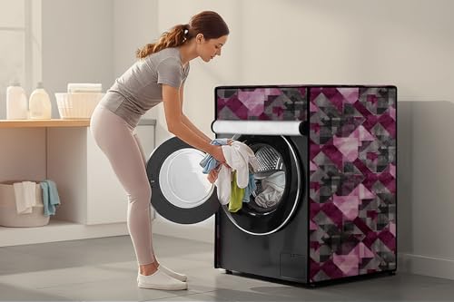 Image of Stylista Waterproof Front Load Washing Machine Cover Compatible for Haier 8 kg, Chekered Pattern Maroon