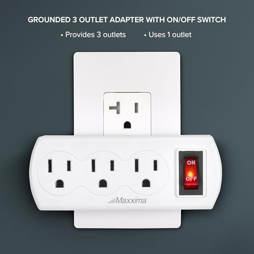 Maxxima 3 Outlet Grounded Wall Plug Adapter with On/Off Switch, Electrical Wall Tap Outlet Splitter, Multi-Plug Extender for Extra Outlet Space, Convenient for Travel - 4 Pack - Thumbnail 5