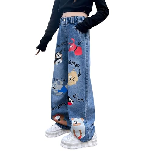 Girls Baggy Jeans Cartoon Graphic Denim Pants High Waisted Wide Leg Trousers Teen Kids Elastic Waist Casual Loose Jeans