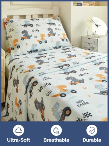 Image of Kids Twin Size Dinosaur Bed Sheets - 3 Piece Kids Dinosaur Sheet Set - Speedy Racecar Bedding - Ultra-Soft, Cute & Cozy - Breathable & Machine Washable - Dino Bed Set for Boys, Girls, Teens & Toddlers