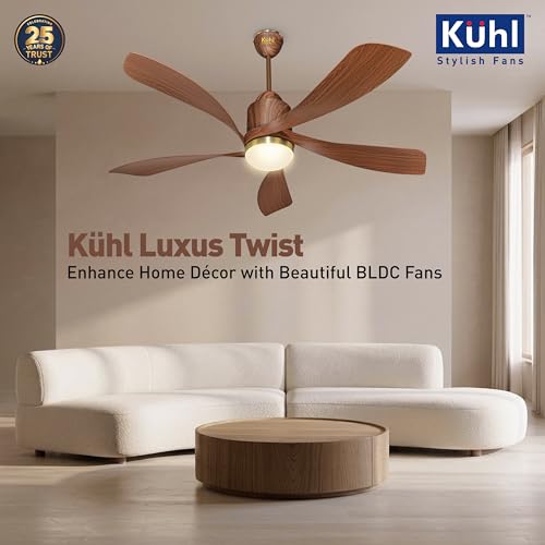 Image of KUHL Luxus Twist 1320mm Stylish 65% Power Saving BLDC Ceiling Fan With Remote |Down Light|BEE 5 Rated & ISI Marked|Low Noise| IoT -Operate via Mobile & Alexa |Reverse Mode |Free Installation |Teak
