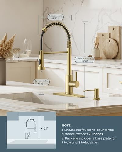 Image of FORIOUS Gold Kitchen Faucet with Pull Down Sprayer, Stainless Steel Commercial Single Handle Classic Spring Pull Out Sink Faucet for Pot Filler, Farmhouse Camper Bar Laundry Room
