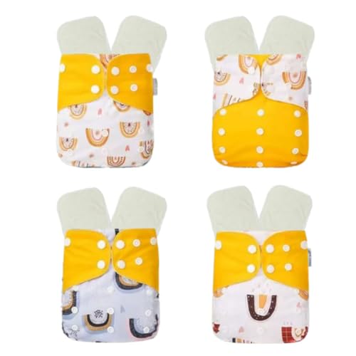 KaWaii Baby 4 One Size Printed Snap Cloth Diapers with 8 Premium 5-Layer Inserts, Washable, Reusable, Leak-Proof, Newborn Thru Potty Training - Yellow Rainbow