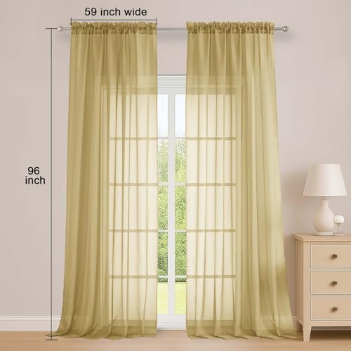 Image of OWENIE Extra Long Gold Sheer Curtains 96 Inches Long 2 Panels Set, Soft Lightweight Airy Voile Sheer Curtain for Bedroom Living Room, Rod Pocket Solid Color Farmhouse Curtains, 59 inch Wx96 L Inch