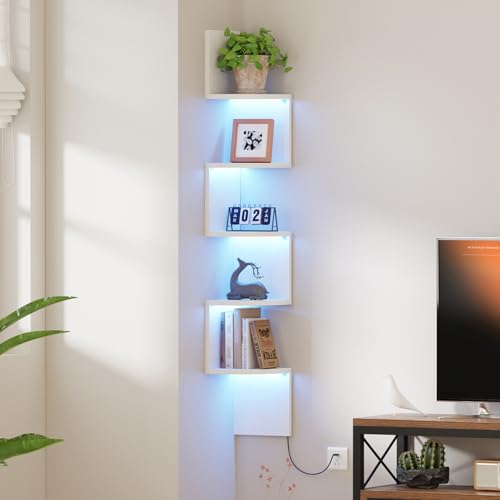 Qupui Corner Shelf Wall Mount with LED Light, 5 Tier