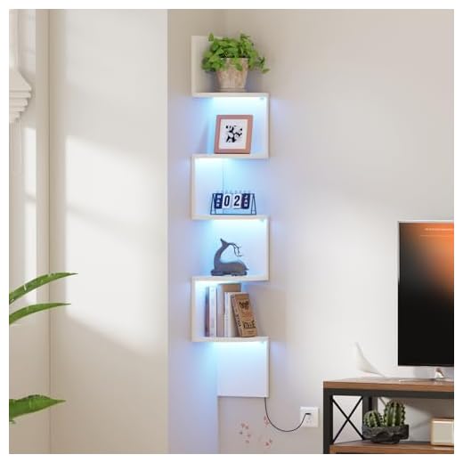 Qupui Corner Shelf Wall Mount with LED Light, 5 Tier Floating Corner Bookshelf, Plant Shelf for Bedroom, Floating Shelves for Wall, Display Stand for Living Room, Bathroom, Home Office, White