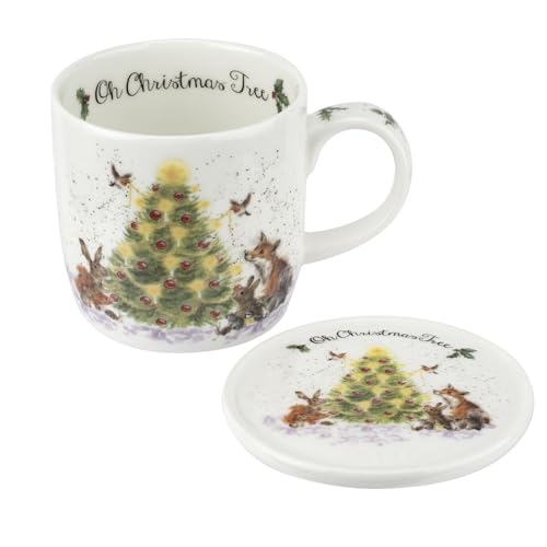 Royal Worcester Oh Christmas Tree Mug & Coaster Set - 11 oz Fine Bone China Holiday Mug Set with Woodland Creatures - Wrendale Designs Christmas Coffee Mugs, Microwave & Dishwasher Safe