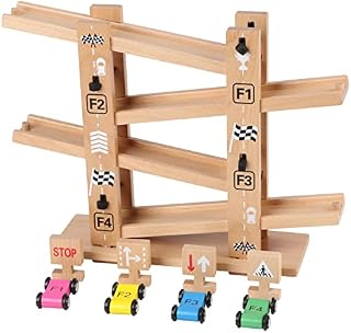 Jacootoys Wooden Car Ramp Construction Zig Zag Slide Run Click Clack Racing Track with 4 Wooden Cars for Kids Boys Girls