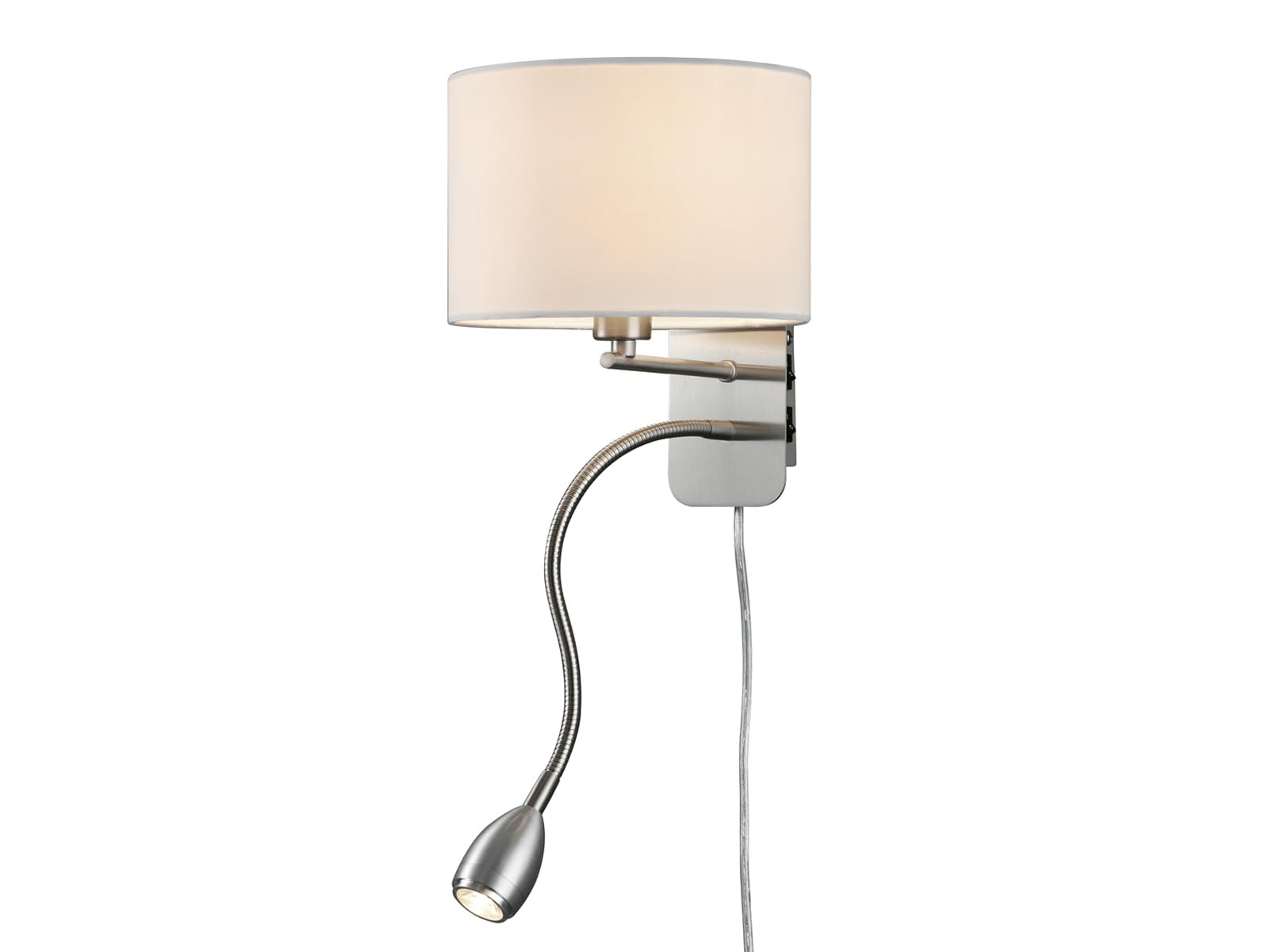 meineWunschleuchte Wandleuchte mit Leselampe, Schalter, Kabel und Stecker, Stoff Lampenschirm Weiß, Korpus Metall Silber, Höhe 23,5cm inkl. stufenweise dimmbarem E14 Leuchtmittel