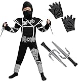 Spooktacular Creations Kids Silver Ninja Costume, Child Unisex Ninja Costume for Halloween Dress Up Party, Role Playing, S