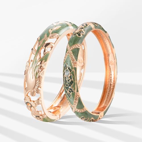 wynameleri Vintage Cloisonne Jewelry Gorgeous Rhinestone Handcrafted Bracelets Enamel Flower Bird Gold Hinged Cuff Bangles Gifts 88A2