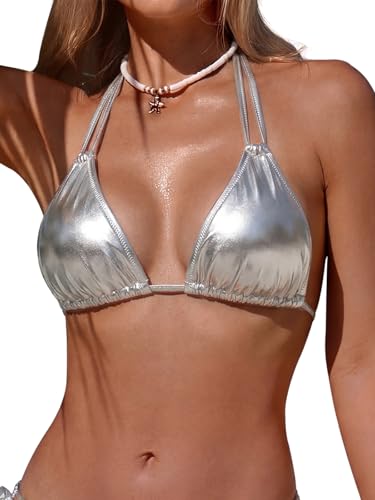 Womens Metallic Triangle Halter Silver Bikini Tops Shiny Dual Straps Bralette Bra Cute String Bathing Suit Swimsuit Swimwear Top(Silver M)