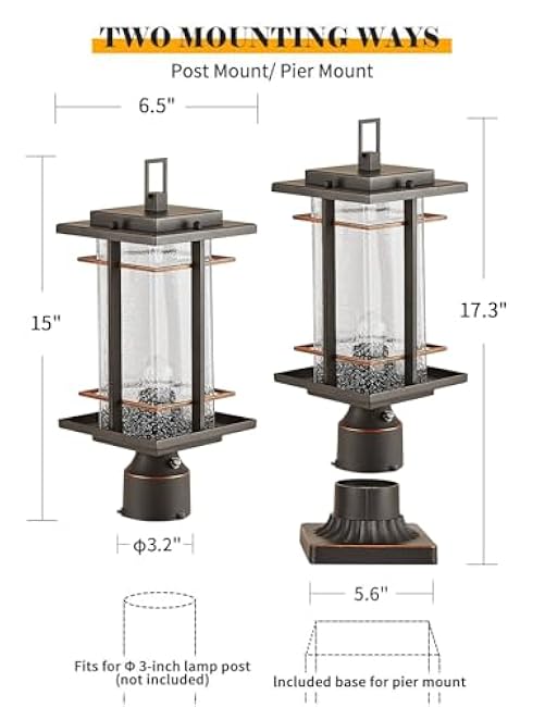 Post Lights Outdoor Dusk to Dawn Pillar Light Fixture with Seeded Glass Waterproof Exterior Lamp Post Lantern Hard-Wired Pole Mount Light Outside with 3-Inch Pier Mount Adapter