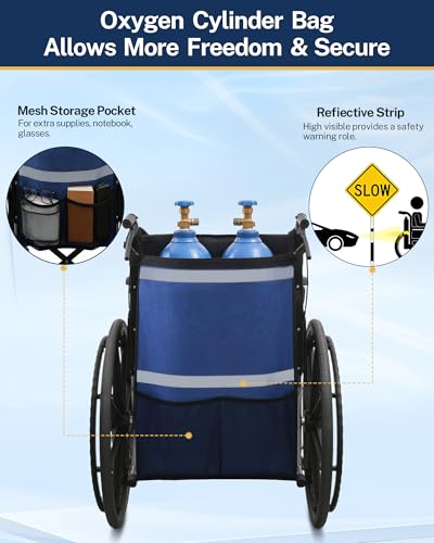 KUAZIDAR Sauerstoffflaschenhalter für Rollstuhl, Rollator & Elektromobil, Reflektierender Sauerstofftasche für D/E Zylinder, Wasserfest & Schnelltrocknend, Blau, Es bietet Platz für 2 Flaschen
