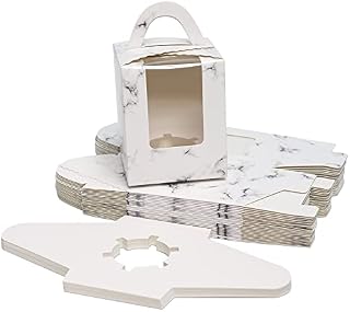 Goalfly 24 Pieces Individual Cupcake Boxes, Cake Boxes with Window, Cupcake Carrier with Inserts, Imitation Marble Bakery Boxes with Handle, for Bridal Showers, Weddings, Birthday Parties