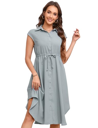 KOJOOIN Kleid Damen Sommer Kurzarm Blusenkleid Elegant Wickelkleid Revers Style Freizeit Kleid mit Knopfleiste Hellgrün S