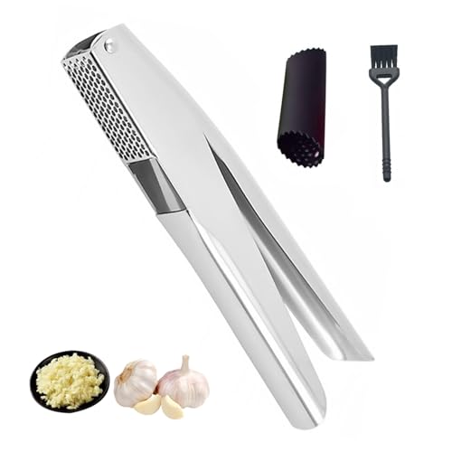 Edelstahl Knoblauchpresse mit großer Mulde für Knoblauch & Ingwer, kein Schälen notwendig, spülmaschinenfest, rostfrei und pflegeleicht mit 1x Reinigungsbürste & 1x Knoblauchschäler Edelstahl Knoblauchpresse mit großer Mulde für Knoblauch & Ingwer, kein Schälen notwendig, spülmaschinenfest, rostfrei und pflegeleicht mit 1x Reinigungsbürste & 1x Knoblauchschäler