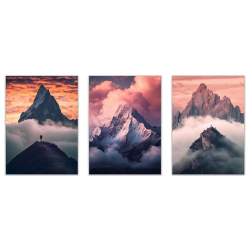 Poster mural montagne paysage abstrait JOSUE triptyque sans cadre noir rose