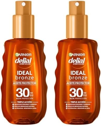 GARNIER DELIAL Aceite Solar Bronceador Alta Protección FPS30 Para Un Bronceado Optimo, Acabado Satinado, Resistente Al Agua, No Pegajoso 150 ml (Paquete de 2)