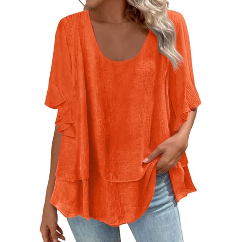 Camisetas de verano para mujer, de media manga del Reino Unido, cuello en U, camisetas tipo túnica escalonadas, manga con volantes, ajuste holgado, camisetas de gran tamaño, estilo casual, para