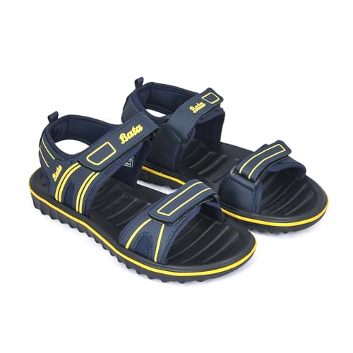 Image of Bata Men's Sports Sandals, Dual Velcro Strap, Textured Sole (BLUE /YELLOW, UK Footwear Size System, Adult, Men, Numeric, Medium, 10)
