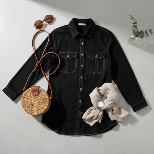 Image of Women's Denim Shirt with Regular Fit Solid Pattern Long Sleeve Collared Neck and Button Down Closure|Women's Denim Shirt