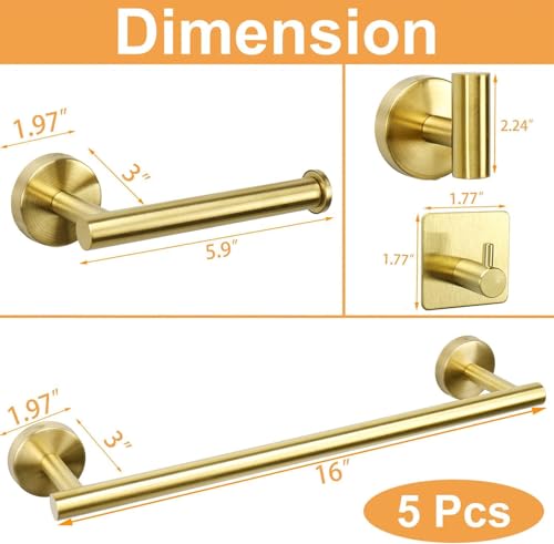 Image of JIALTO 5-Piece Bathroom Towel Holder | Towel Rod | Toilet Roll Stand | Wall Mounted Bathroom Fittings Full Set - 16 Inch Hand Towel Bar | Toilet Paper Holder | Adhesive Hooks (Gold, 5 - Pieces Set)