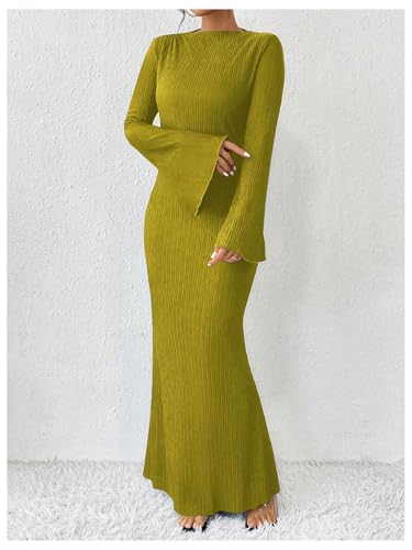 Image of GORGLITTER Women's Bell Long Sleeve Cocktail Maxi Dress Crew Neck Bodycon Fishtail Casual Long Dresses