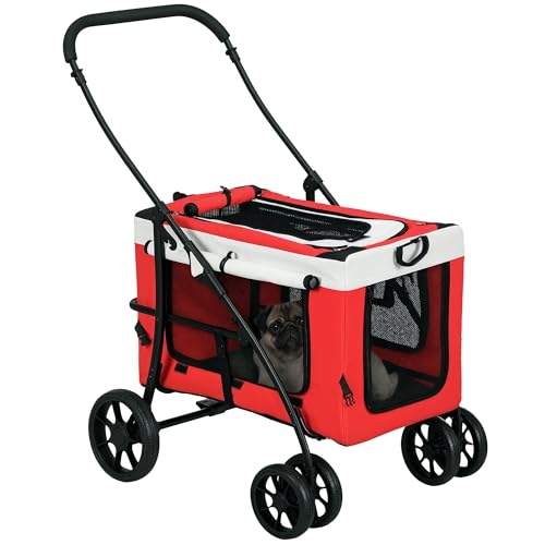 PawHut Passeggino 2 in 1 per Cani Taglia Piccola e Mini con 2 Guinzagli e Custodia Portaoggetti, Passeggino per Animali in Acciaio ed EVA, 81x58x97.5 cm, Nero Rosso Bianco