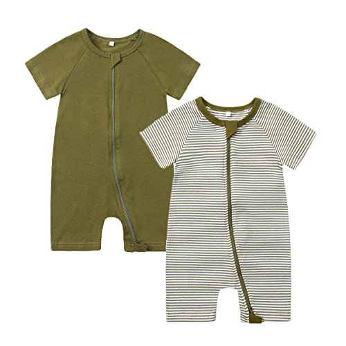 Image of Feidoog Baby Boys 2Pack Rompers Summer Short Sleeve 2 Way Zipper One-Piece Romper Jumpsuit Sleep and Play
