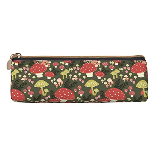 Image of Mushrooms Pattern Leather Pencil Case Zipper Pen Makeup Cosmetic Holder Pouch Stationery Bag for School, Work, Office