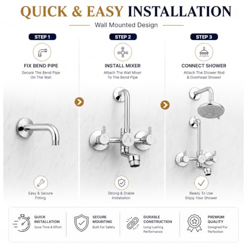 Image of iRiS Full Brass Wall Mixer Tap with Overhead Shower System Set | 100% Brass Bathroom Faucet with 125mm Long Bend Pipe | Chrome Finish Wall-Mounted Hot & Cold Water Mixer