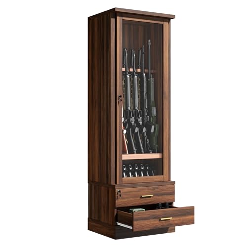 Saudism 12 Gun Safe for Rifles Wooden Gun Cabinet Rifle Shotgun Cabinet for 46 Long Guns Quick Access Cabinet Safes with 2 Large Drawers for 8 Short Gun Espresso