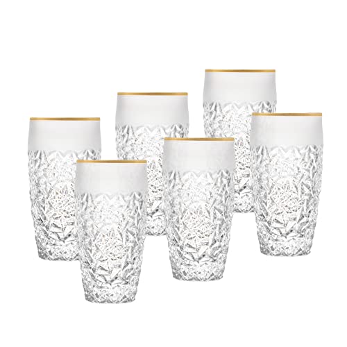 Barski - European Quality Glass - Crystal - Set Of 6 - Highball - Hiball Tumblers - 16 Oz. - Raindrop Design With Frosted Border And Gold Rim On Tumbler - Glasses Are Made In Europe #TOP13