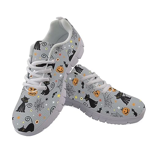 GIFTPUZZ Women's Halloween Sportswear Sneaker Spider Web Black Cat Pimpkin Shoes Mesh Walking Sneakers Running Lace-up Mesh Shoes for Travel Breathable Mesh Knitting Shoes Size 8
