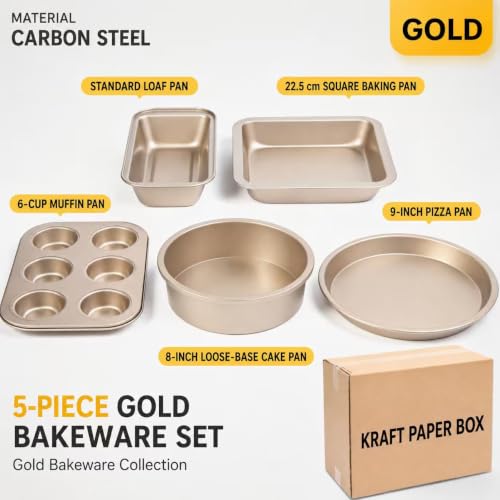 5-Piece Gold Nonstick Carbon Steel Bakeware Set, 8.9-Inch Square Pan, 9-Inch Pizza Pan, 8-Inch Round Cake Pan, 9.8-Inch Loaf Pan and 6-Cup Muffin Pan for Cakes, Bread, Pizza and Cupcakes - Image 3