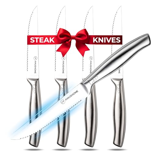 AMUSHOME Steak Knives Set of 4, Rust Free Stainless Steel Steak Knife Set with Sharp Serrated Edges & Ergonomic Non Slip Handle, Scratch Resistant Dinner Knives