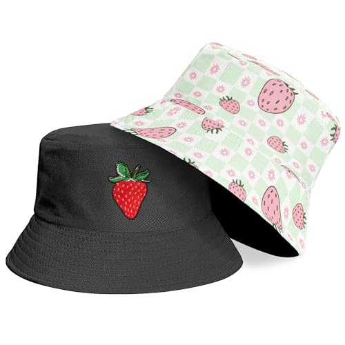VOUGGIME Strawberry Bucket Hat - Reversible Cute Floral Print for Women Lightweight Foldable Sun Hat for Summer Beach Party