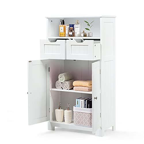 GOPLUS Mueble de Baño con 2 Cajones, Armario de Doble Puerta con Estante Ajustable, Mueble de Madera Multiusos para Cocina, Baño, 60cm x 30cm x 109 cm (Blanco)