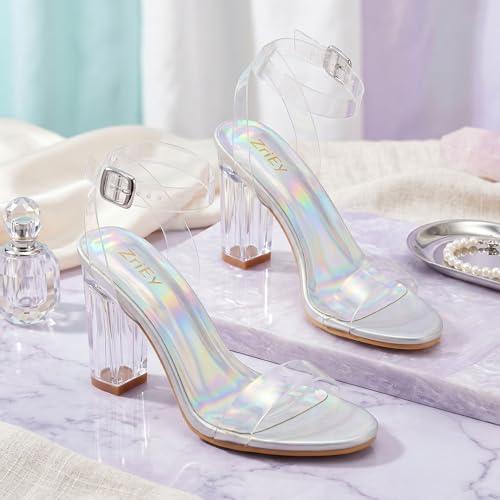 Image of ZriEy Clear Block Sandals Chunky Heels for Women 3.35 Inch Open Toe Adjustable Ankle Strap Pump Sandals for Weddings Parties Daily Wear